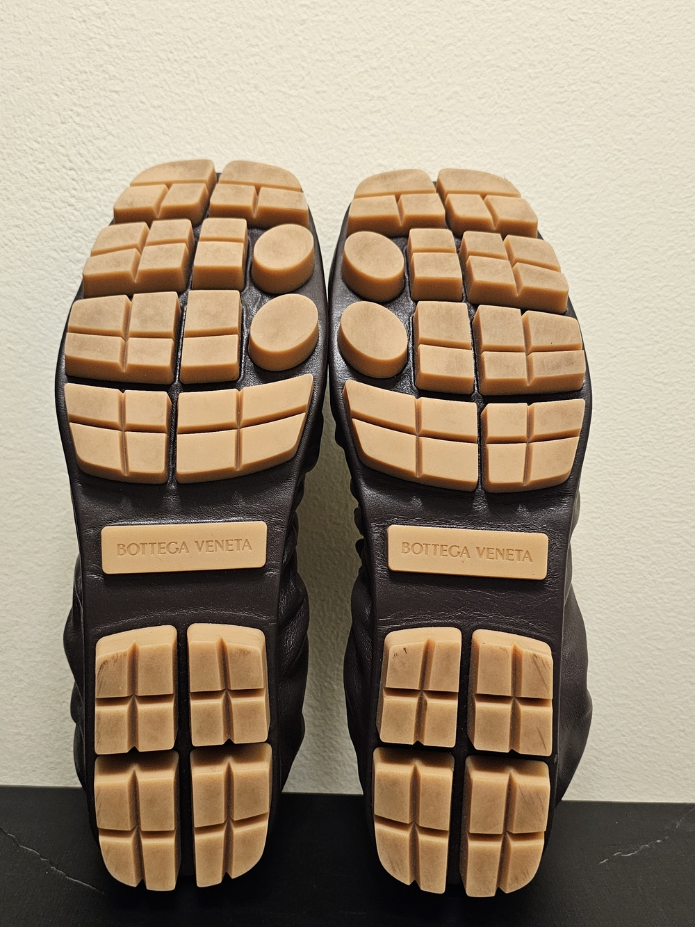 Bottega Veneta Women Brown Leather Lug-Sole Ballet  with Tan Soles. Luxury.